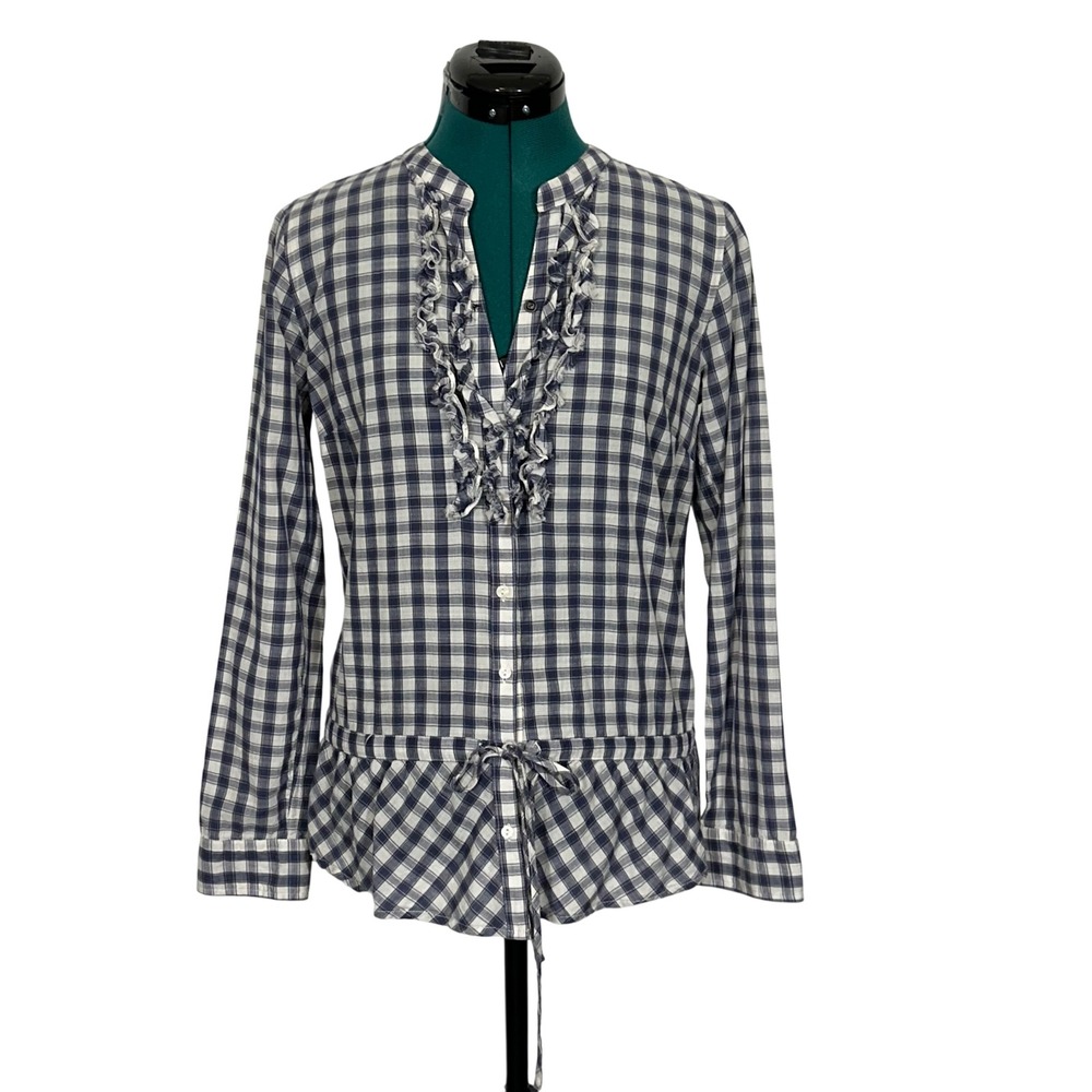Sundance Blouse Ruffle Gingham Peplum XS Navy Blue Plaid Boho Cotton Top‎